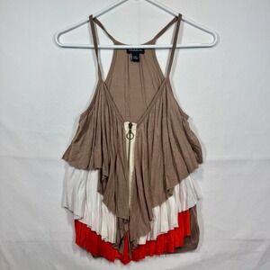 Seductions Ruffle Tank Top Sleeveless‎ Zipper Front Layered Brown Orange White S